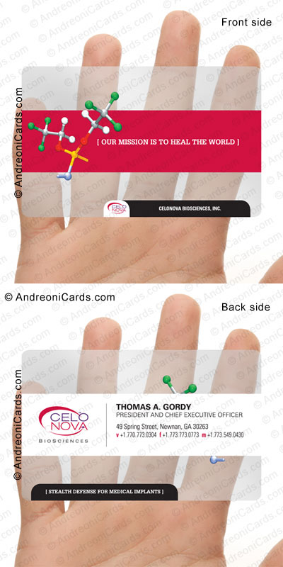 Clear plastic business card design sample with SPOT UV | Celonova
