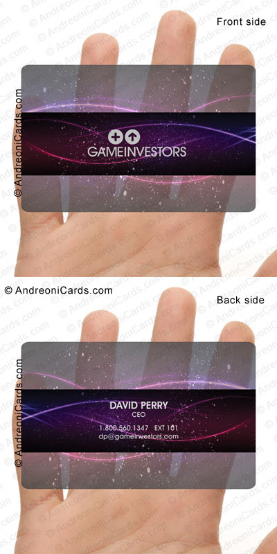Clear glossy plastic business card design sample | Games Investor