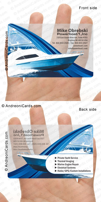 Clear frosted plastic business card design sample | PowerBoat
