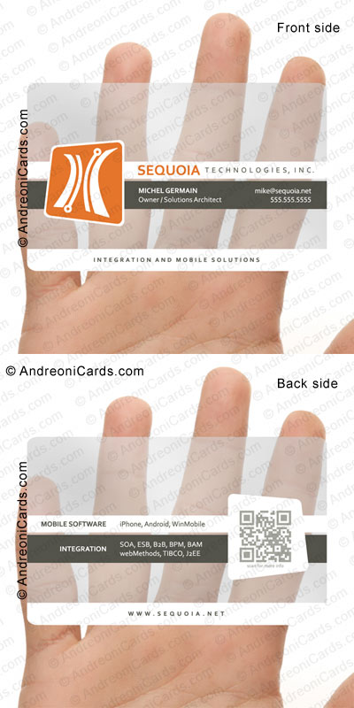 Clear frosted plastic business card design sample | M Germain SEQUOIA