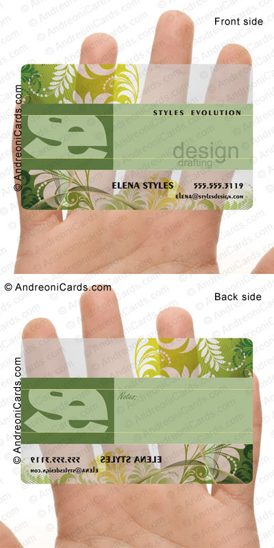 Clear plastic business card design sample | E. Styles